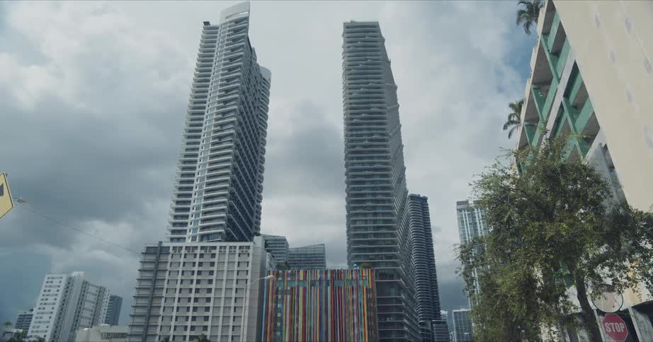 Skyscrapers and buildings downtown on a cloudy day