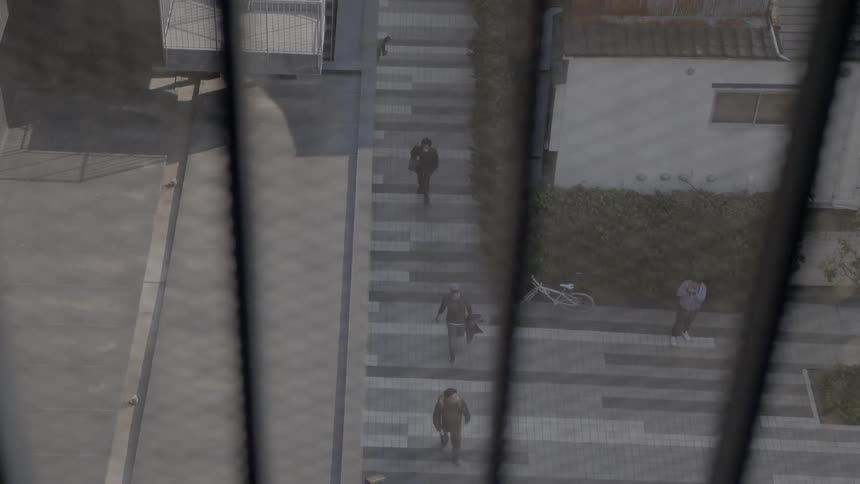 An aerial view of people walking outdoors is displayed