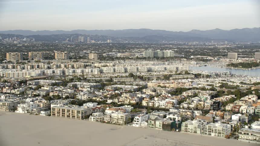 Aerial establishing shot of Marina Del Rey and Venice Beach