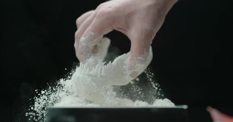 A person pulls an animal jawbone out of a pile of powder and shakes the powder off