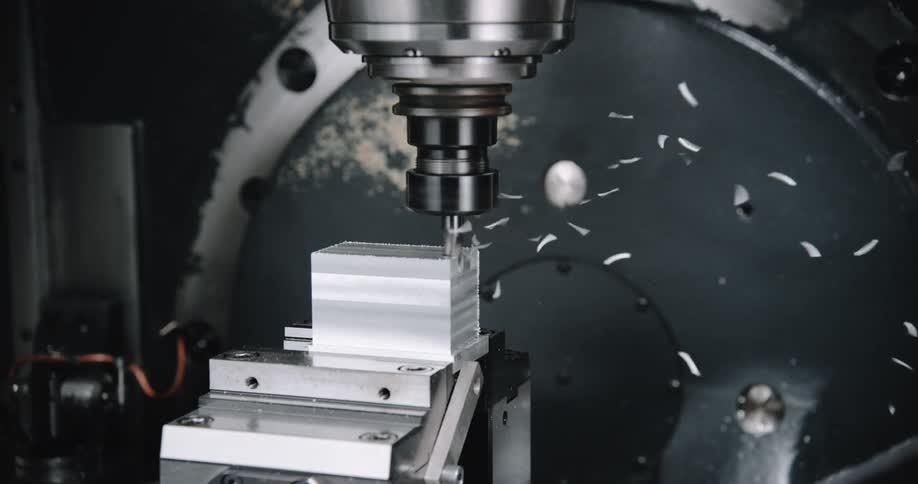 Particles fly as a drill goes into a block of material