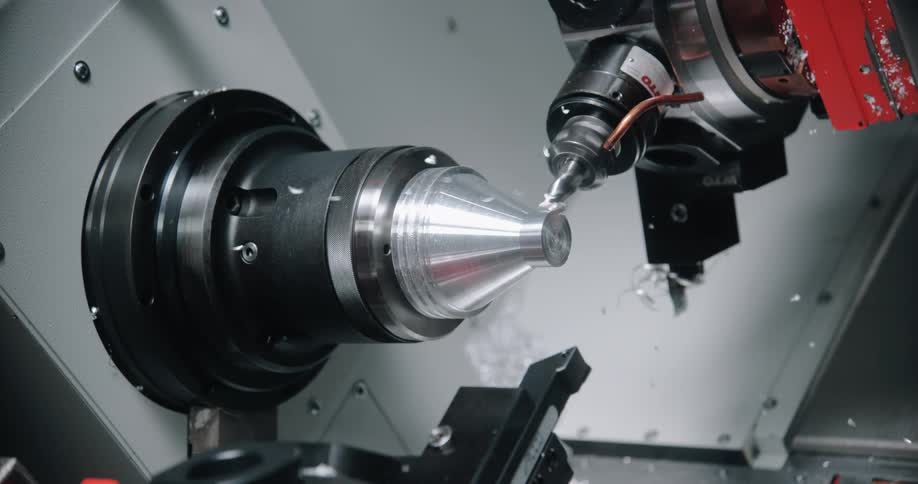 A drill shapes a metal machine object