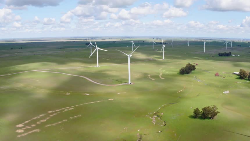 A farm of wind turbines generating power