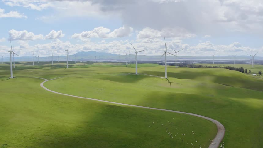Windmills are displayed in a rural area