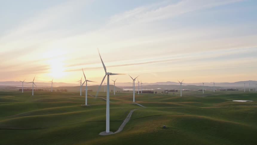 Wind turbines on a green grass field at sunset