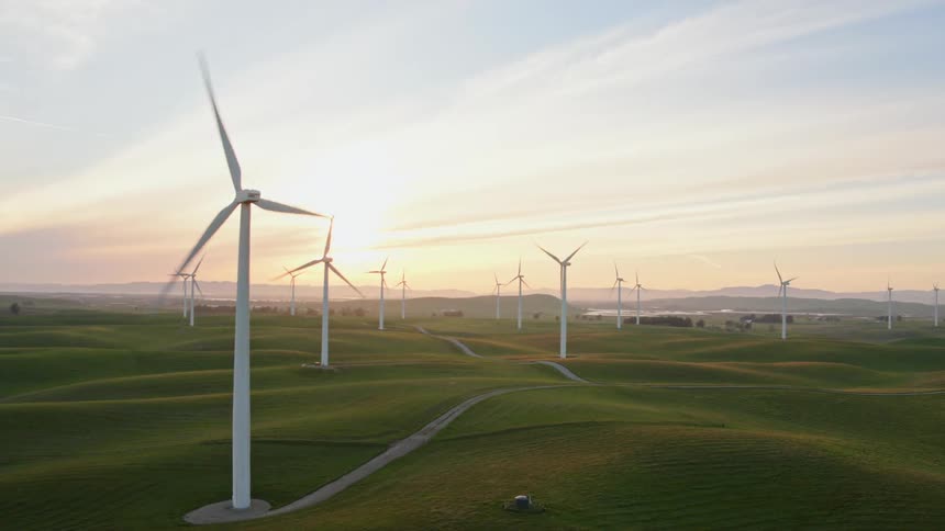 Wind turbines on a green grass field at sunset