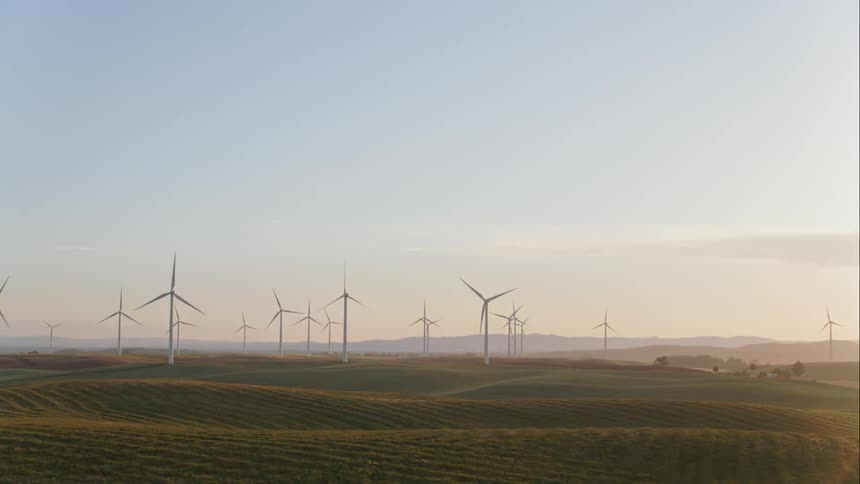 Windmills in a rural area is displayed