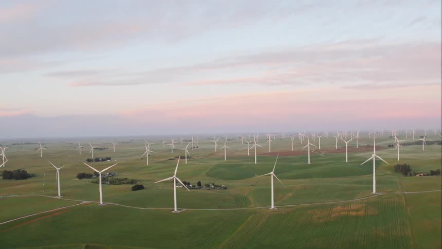 Fields full of windmill turbines at dawn