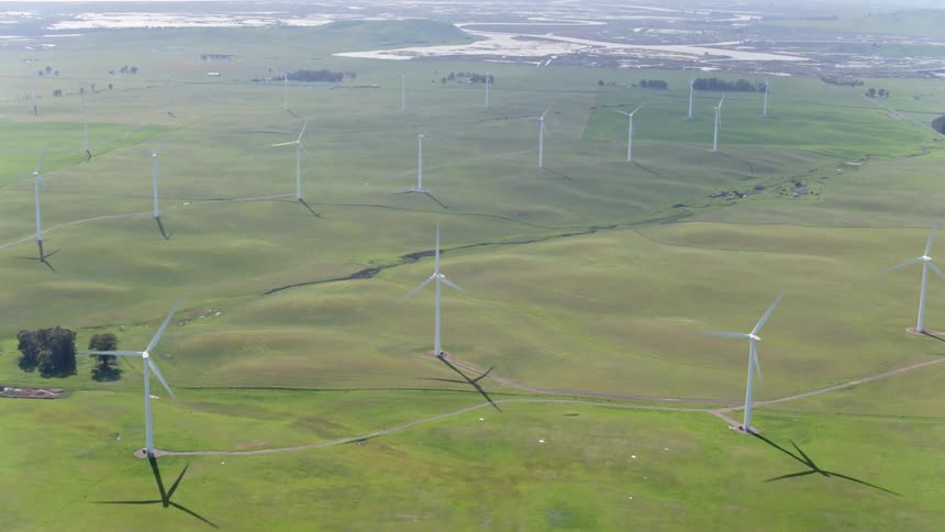 A large open grassland of wind turbines