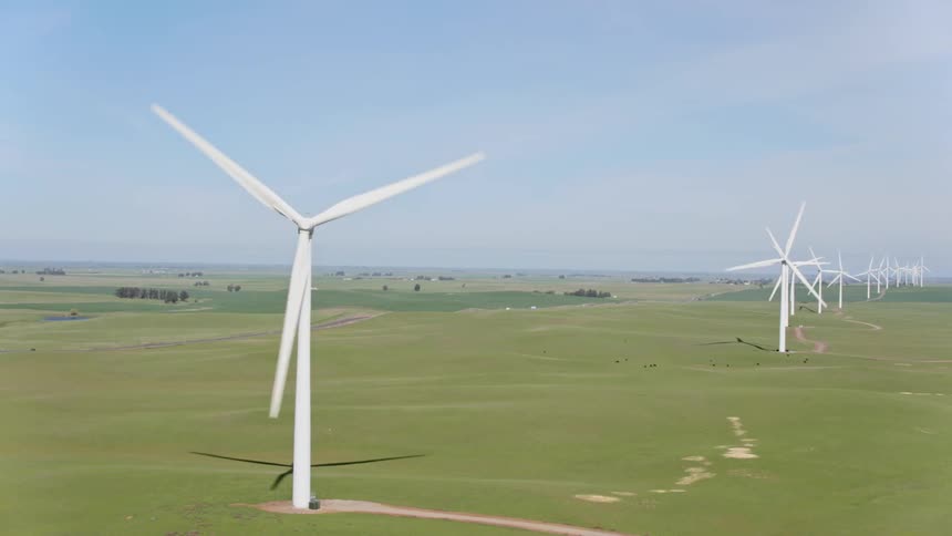 Several large wind turbines tower over an open grassy field on a sunny day