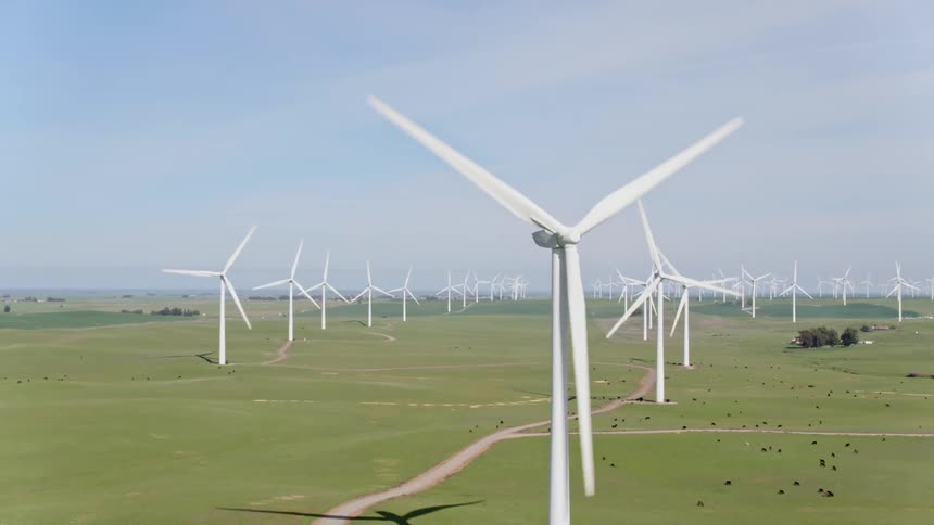 Turbines on wind farm cast shadows on ground under lightly clouded sky