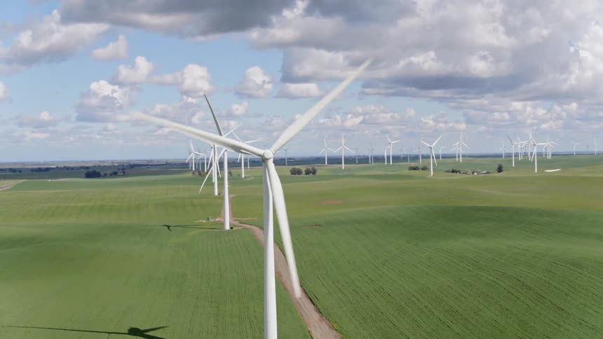 A dirt road runs through a large wind turbine farm