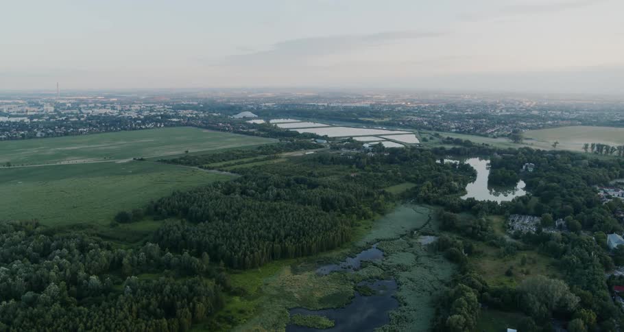 Aerial view of forest with several ponds and a city in the distant skyline