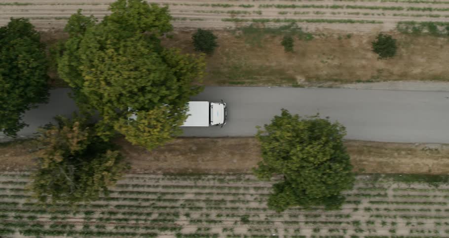 A large drives down a single lane road