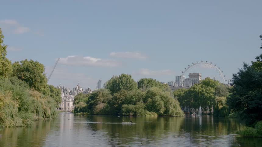 A river flows along treelined shores with a city skyline visible which includes cranes and a ferris wheel