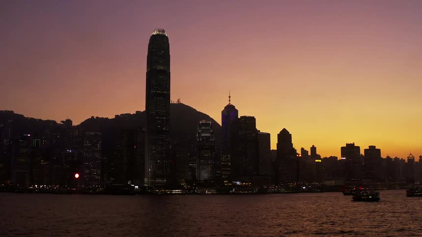 Waterfront cityscapewith skyline view at sunset