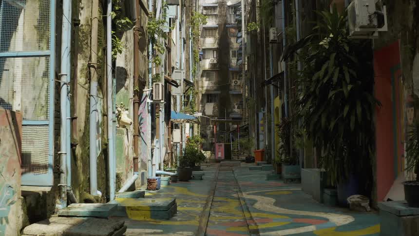 The alley floor is painted many different colors