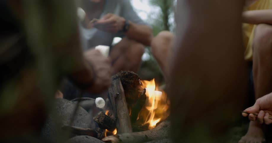 People roast marshmallows in the campfire