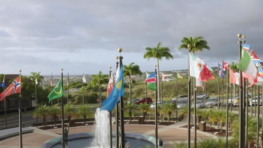 A water fountain surrounded by palm trees and flags from a variety of countries