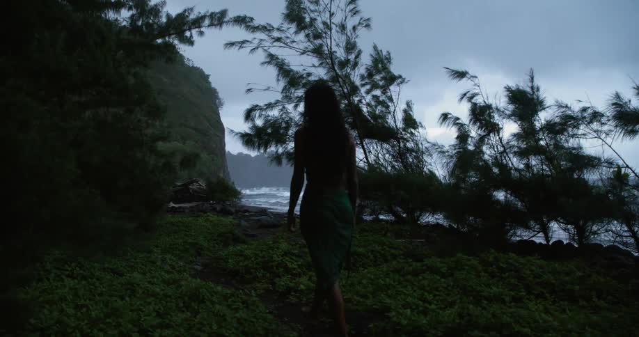Woman in a skirt walks near the trees towards the ocean