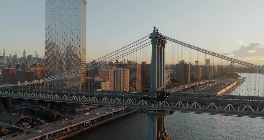 Aerial view of manhattan bridge in new york city at sunset