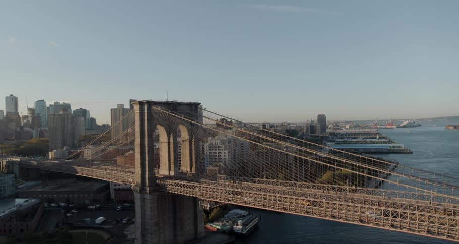 Aerial view of brooklyn bridge with horizontal and diagonal suspender cables in new york city in the afternoon