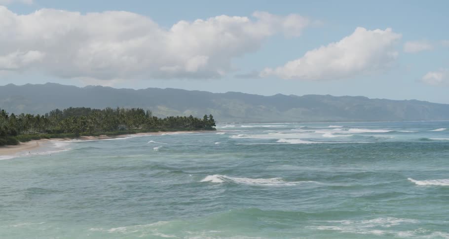 Multiple sets of waves wash towards the a coastline that is lined by tall green trees