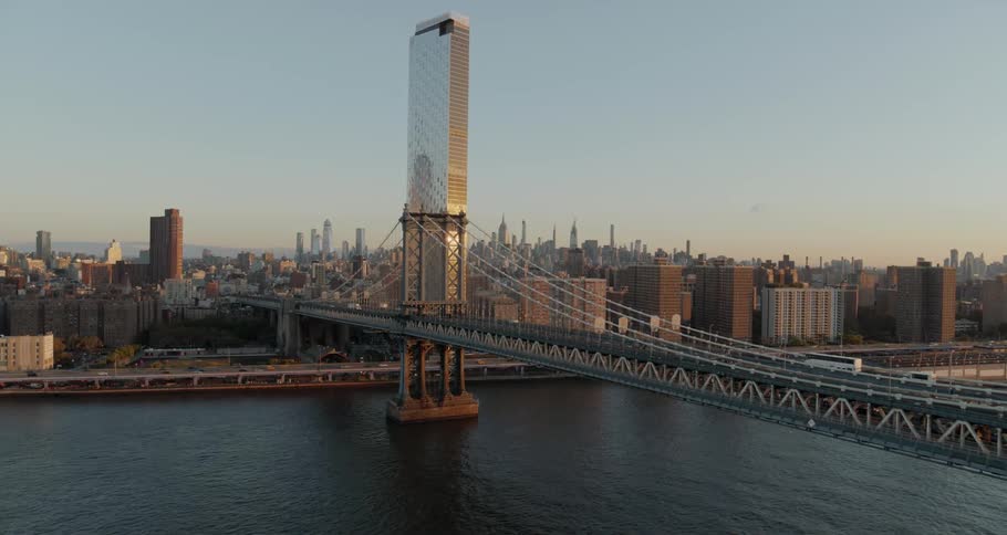 Aerial view of brooklyn bridge with horizontal and diagonal suspender cables in new york city in the afternoon
