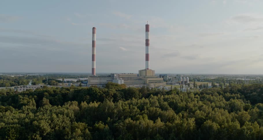 Smoke stacks tower over factory surrounded by forest