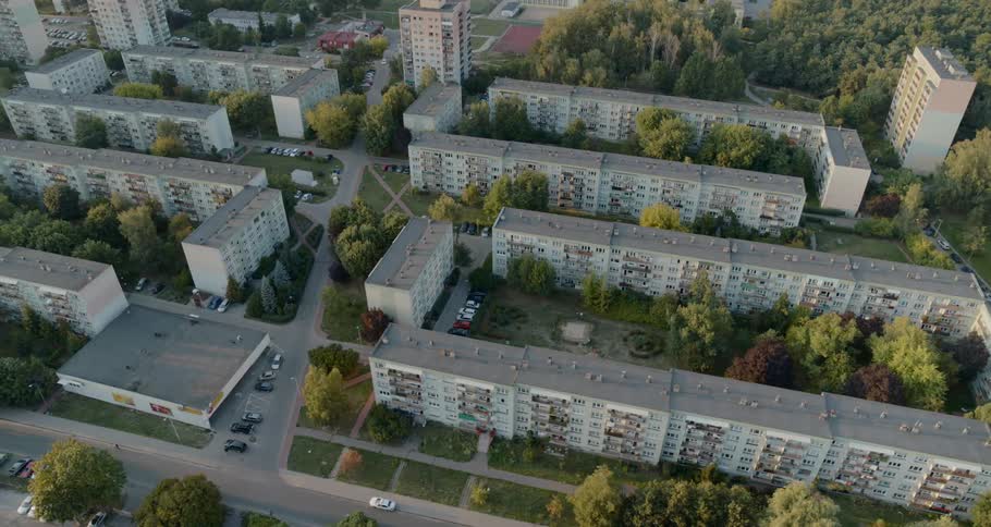 Rows of identical buildings in a city