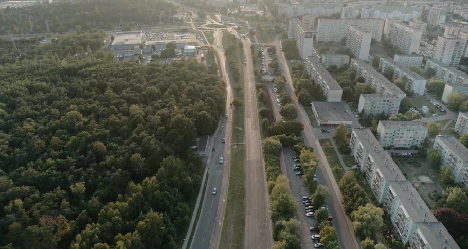 A city with roads buildings and trees