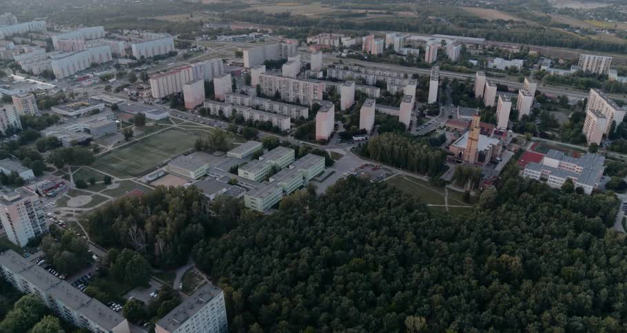 Apartment buildings surrounded by a park