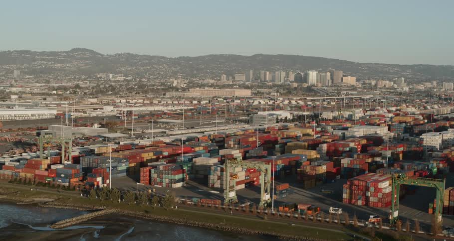 An aerial view of a shipping port