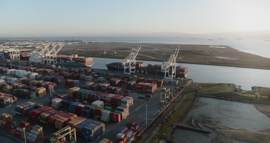 An aerial view of a container site near port