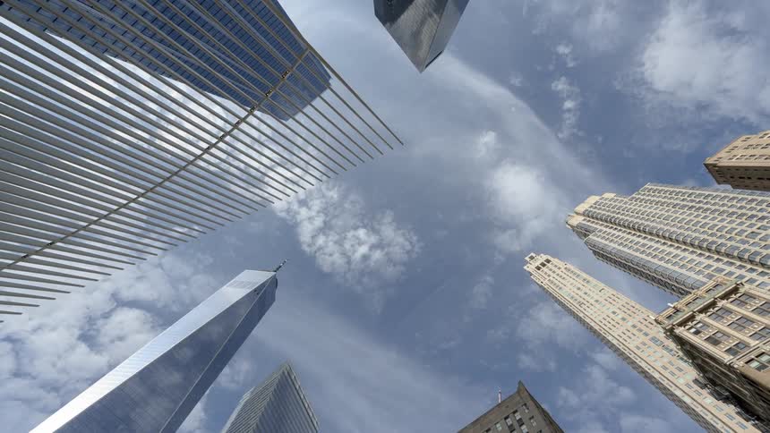 City skyscrapers rise into the sky