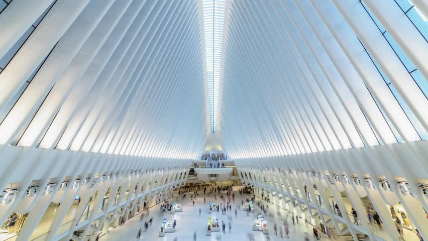 People move through the interior of an enormous structure