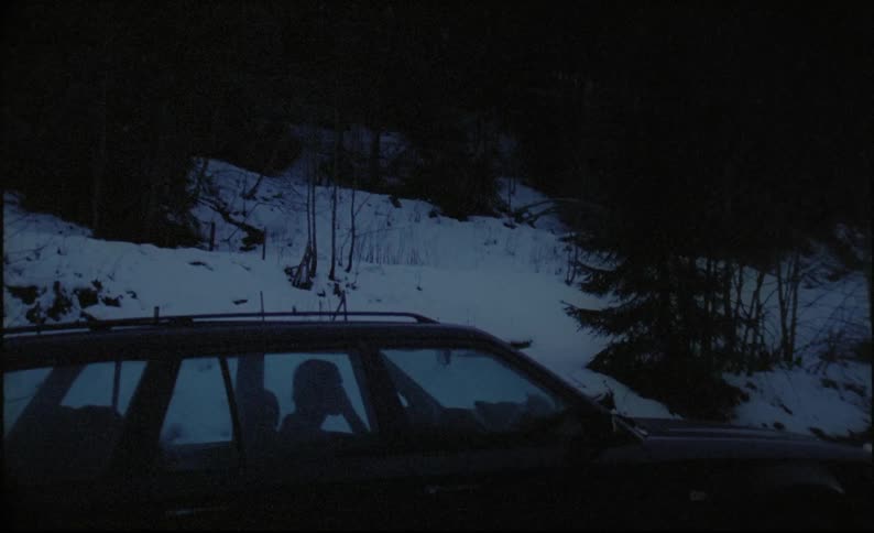 A person yells on a phone while sitting in a car
