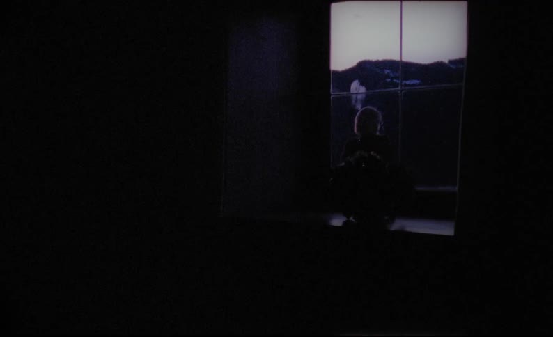 A person stands outside a window and pulls their sweater collar up against the cold