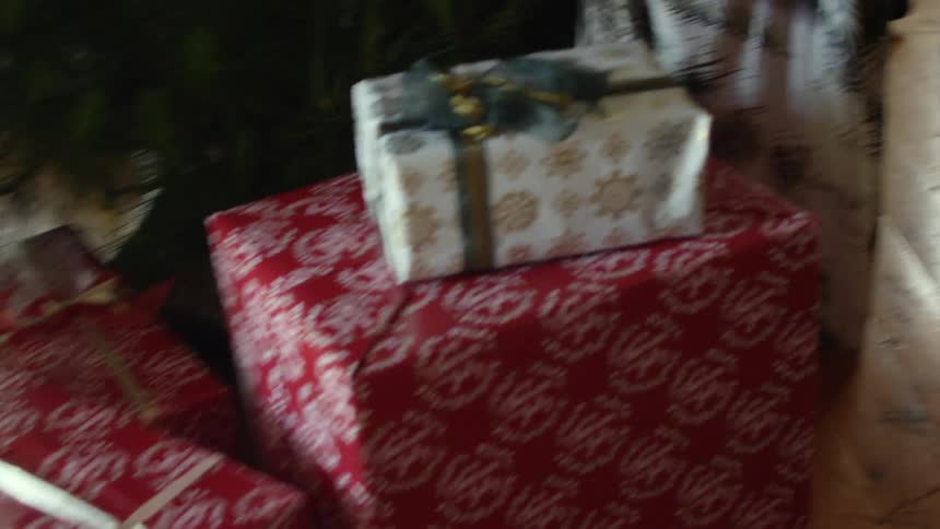 People are near a christmas tree putting presents underneath