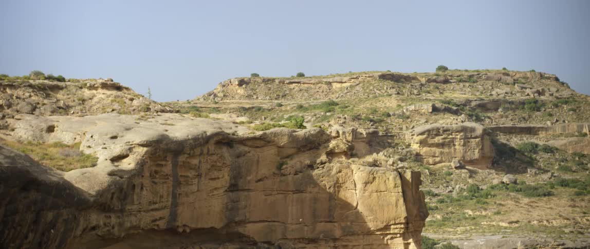 Bird flies past cliff face under clear blue sky