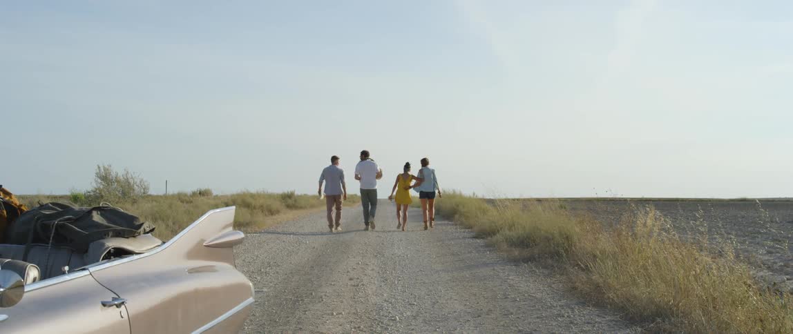 Four people walk down a gravel street and leave their car behind