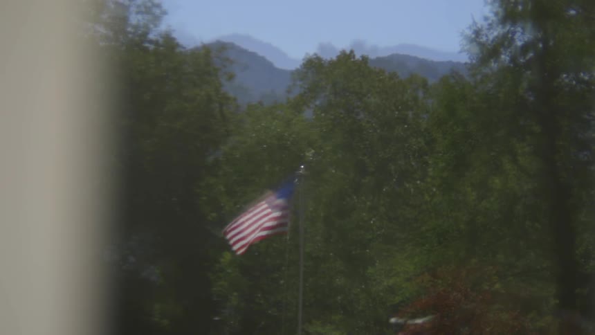 An american flag waving in the wind among trees