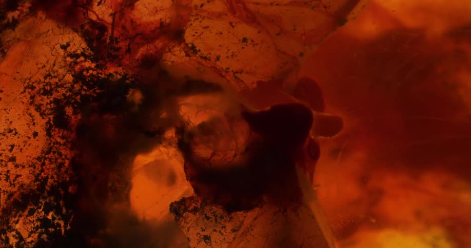 A ball of liquid seeps out of another liquid and bursts