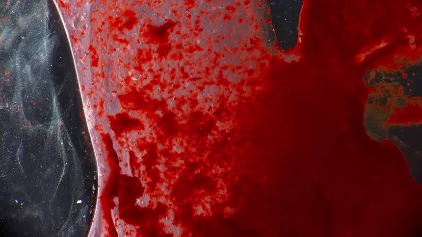 Red liquid flows and swirls in fluid