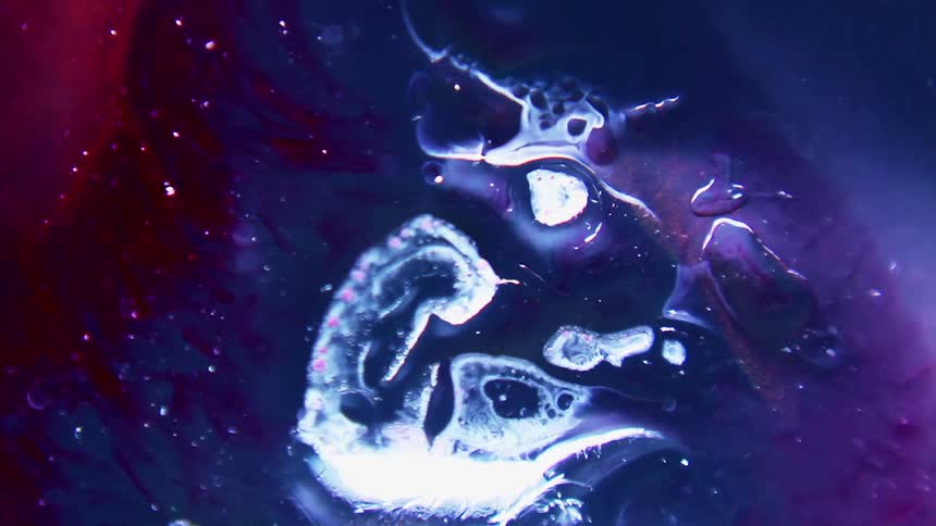 Bubbles and ripples emerge from within a translucent blue fluid that is being mixed around