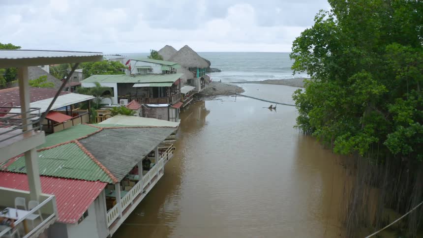 An aerial view of buildings near a beach in a tropical region