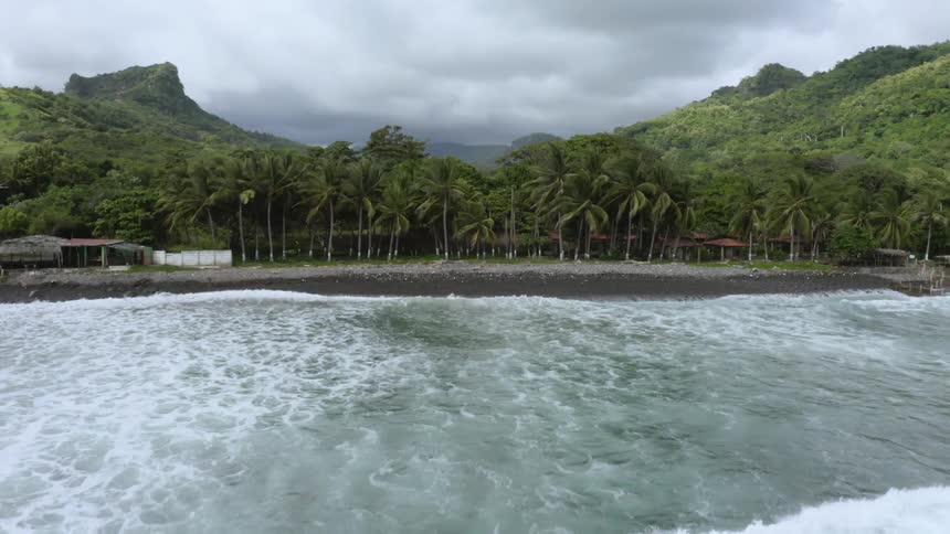 Swiftly moving waves make their way towards the coastline lined with palm trees and mountains covered in lush vegetation