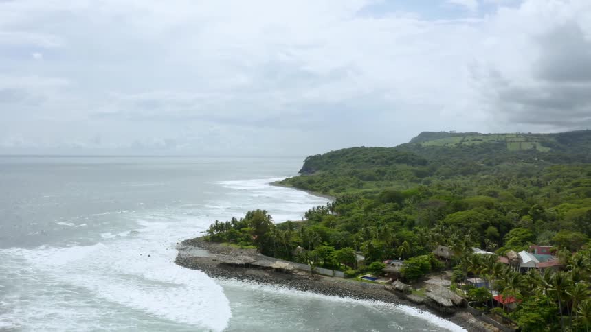 Ocean waves meet a coastline covered with dense covering of trees and a few buildings interspersed