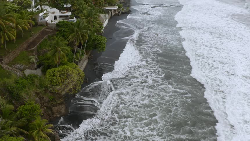 Ocean waves wash up upon a dark sand beach at the edge coast lined with dense trees and vegetation