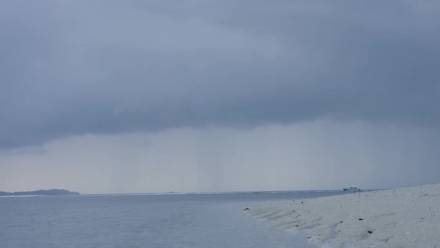A white sand beach near blue skies and water